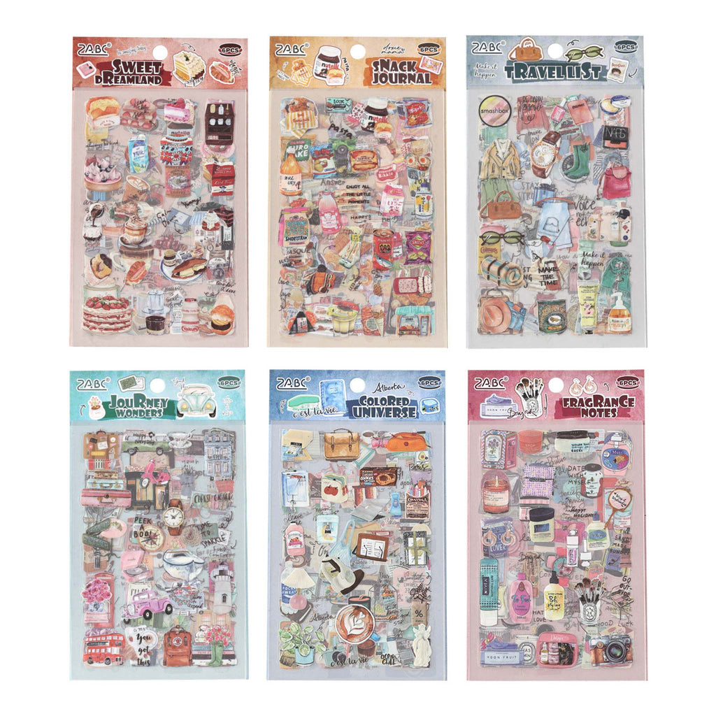 Six Everyday Life watercolor PET sticker themes displayed in hang-hole OPP packaging, featuring the designs Sweet Dreamland, Snack Journal, Travel List, Journey Wonders, Colored Universe, and Fragrance Notes.