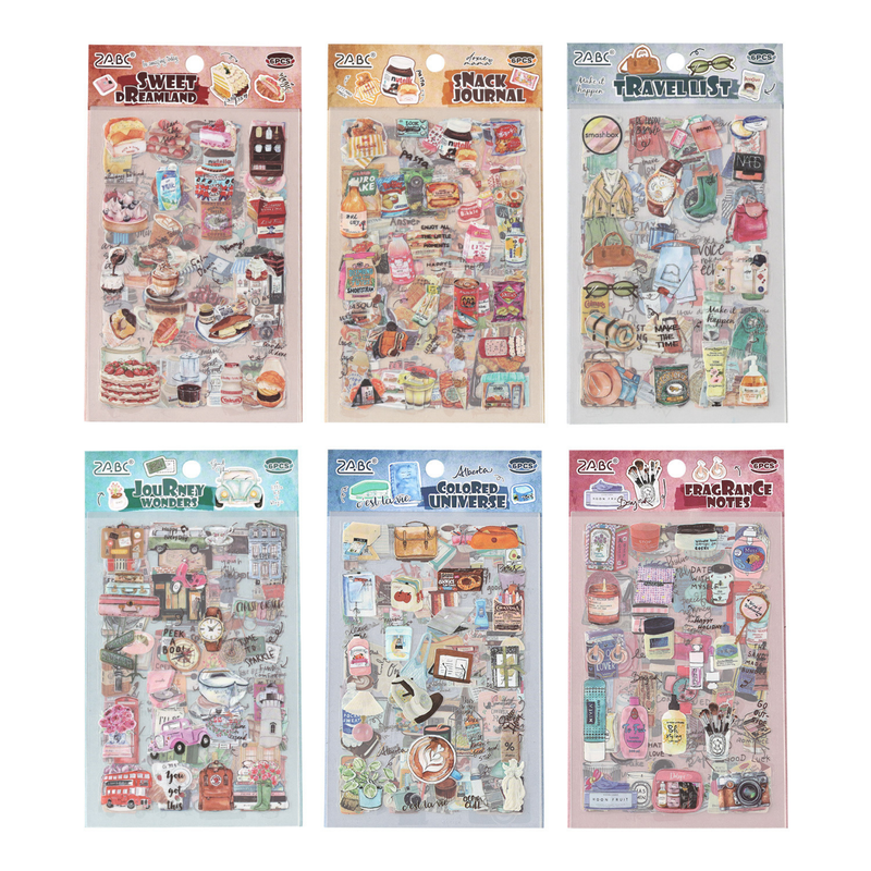 Six Everyday Life watercolor PET sticker themes displayed in hang-hole OPP packaging, featuring the designs Sweet Dreamland, Snack Journal, Travel List, Journey Wonders, Colored Universe, and Fragrance Notes.