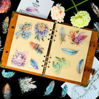 Feather Gold Foil Holographic PET Stickers, Vintage Leather Binder Journal Decorated with Feather and Floral Stickers