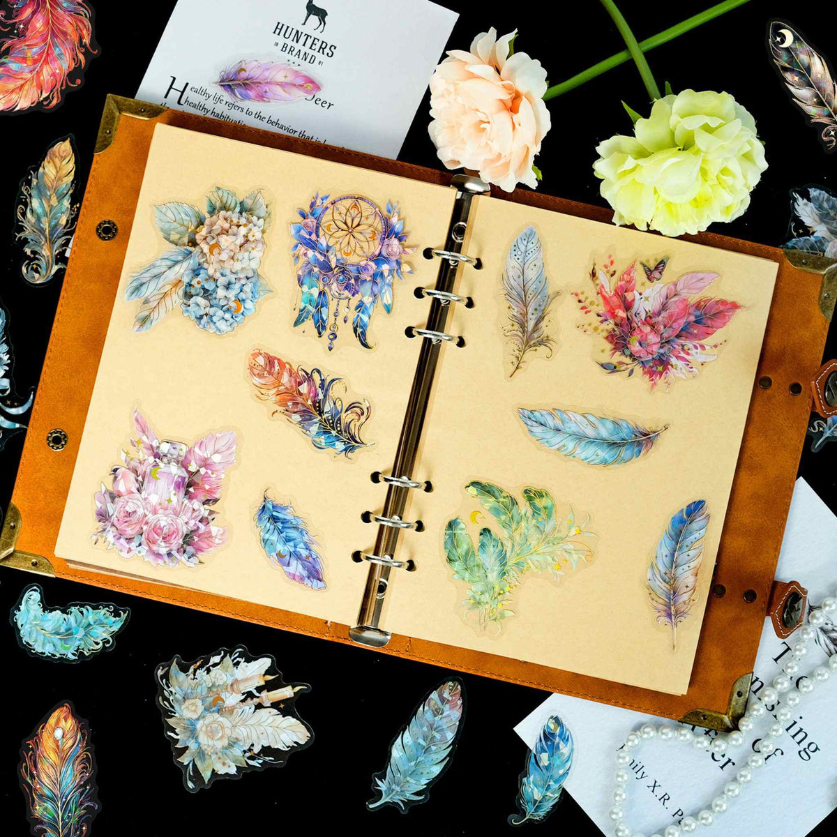 Feather Gold Foil Holographic PET Stickers, Vintage Leather Binder Journal Decorated with Feather and Floral Stickers