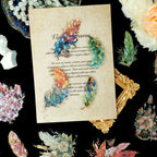 Feather Gold Foil Holographic PET Stickers, Vintage Journal Collage Detail with Floral and Feather Accents