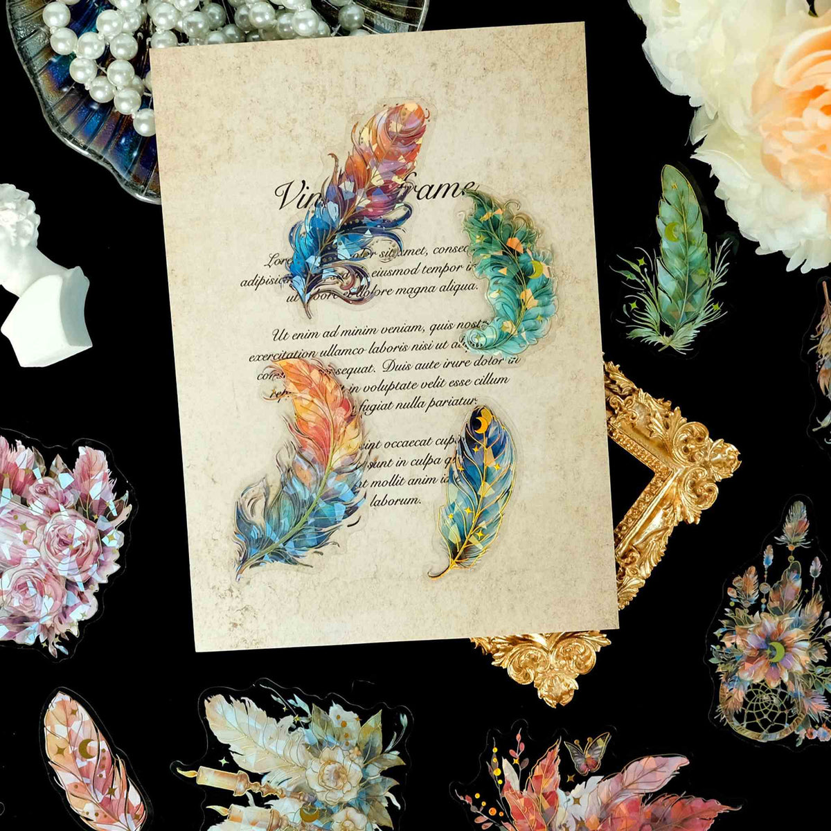 Feather Gold Foil Holographic PET Stickers, Vintage Journal Collage Detail with Floral and Feather Accents