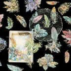 Feather Gold Foil Holographic PET Stickers, Assorted Feather and Dreamcatcher Designs on Black Background