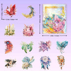 Feather Gold Foil Holographic PET Stickers, Sticker Sheet Layout Showing Assorted Sizes and Designs