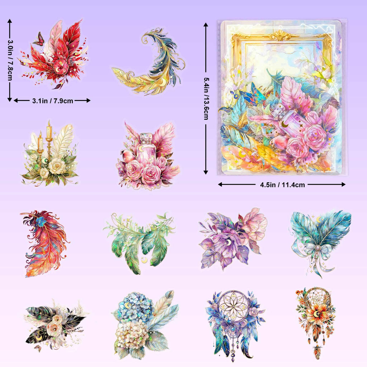 Feather Gold Foil Holographic PET Stickers, Sticker Sheet Layout Showing Assorted Sizes and Designs