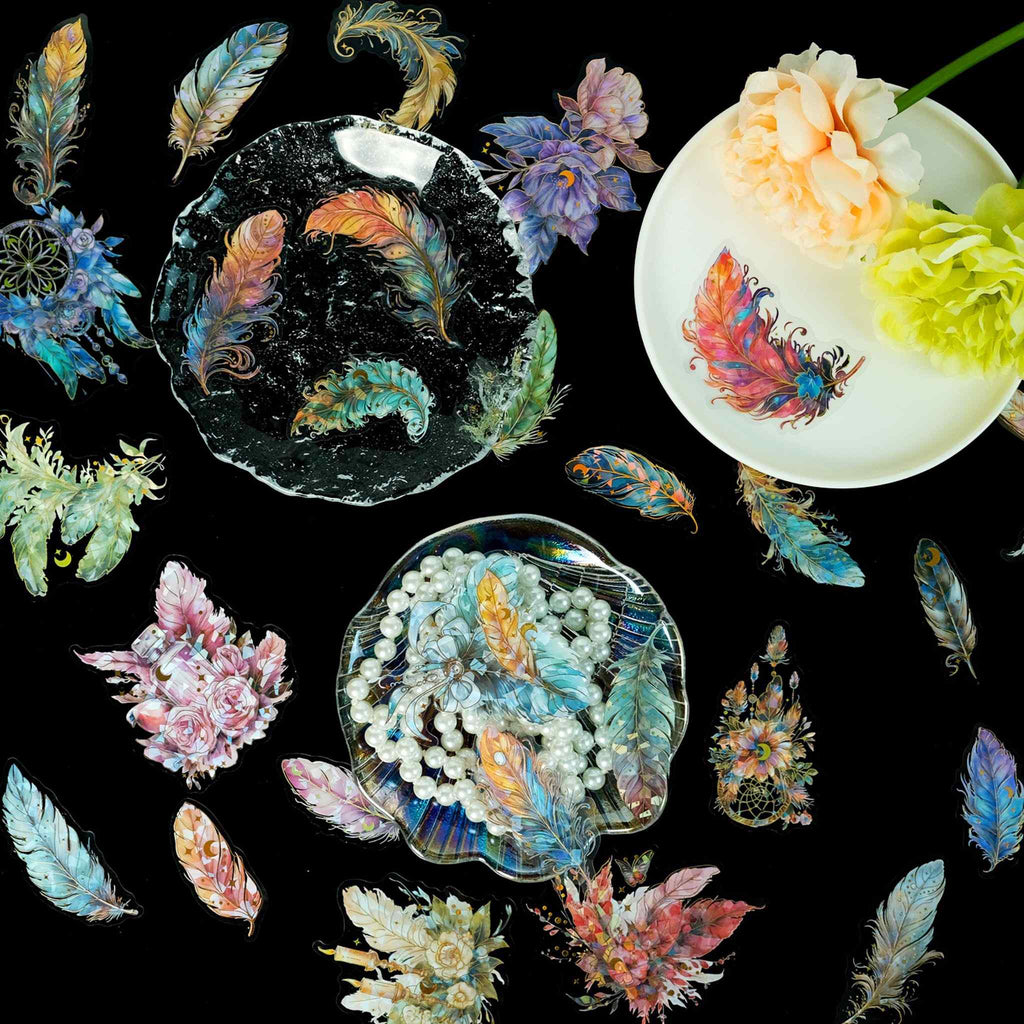 Feather Gold Foil Holographic PET Stickers, Close-up Detail Showing Circular Designs and Holographic Reflections