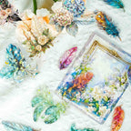 Feather Gold Foil Holographic PET Stickers, Assorted Feather and Floral Stickers on White Lace Background with Holographic Frame