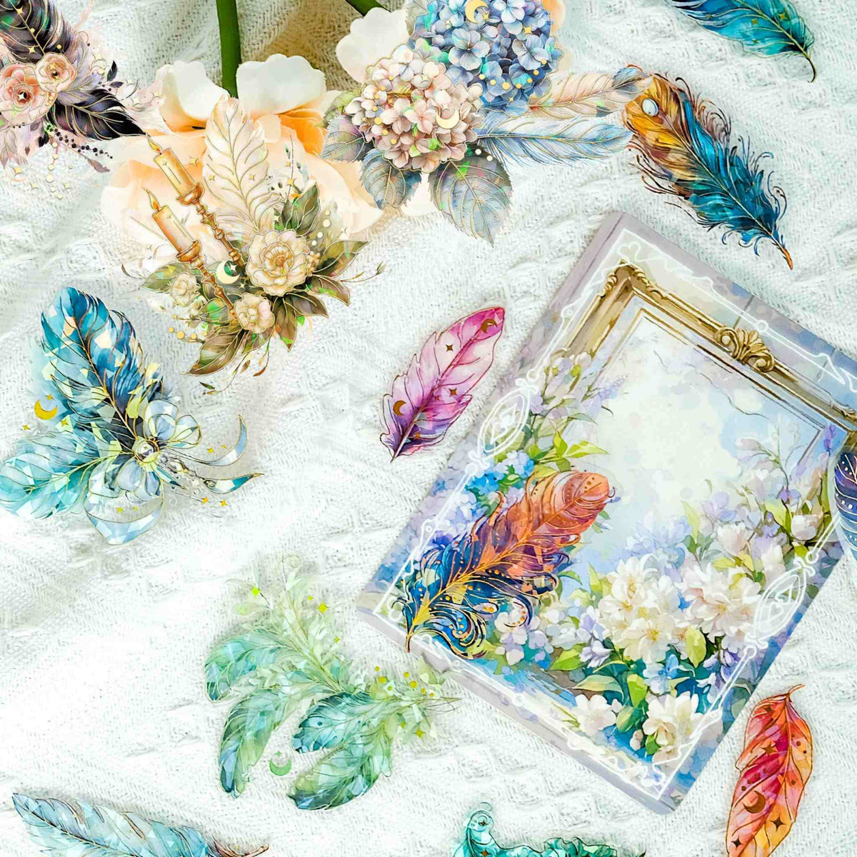 Feather Gold Foil Holographic PET Stickers, Assorted Feather and Floral Stickers on White Lace Background with Holographic Frame