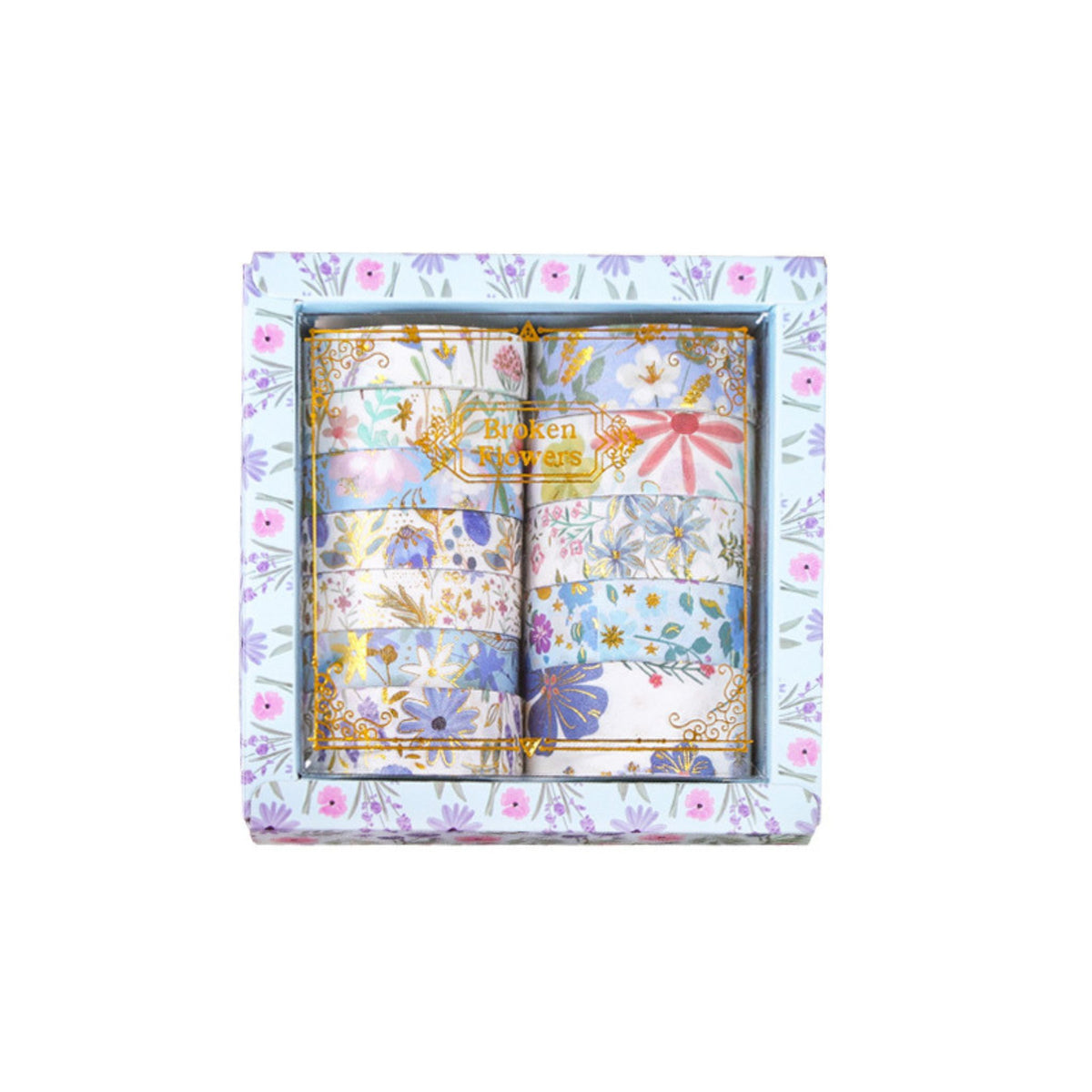 Floral Dream Gold Foil Washi Tape Set 12 Rolls, Blue Floral Style Gift Box Display