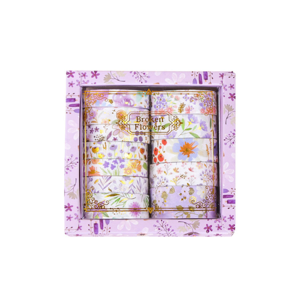 Floral Dream Gold Foil Washi Tape Set 12 Rolls, Purple Floral Style Gift Box Display