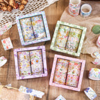 Floral Dream Gold Foil Washi Tape Set 12 Rolls, Assorted Boxed Collection on Wooden Desk with Lace and Dried Flowers