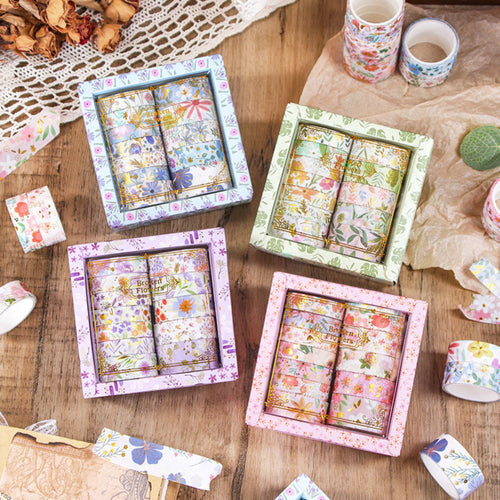 Floral Dream Gold Foil Washi Tape Set 12 Rolls, Assorted Boxed Collection on Wooden Desk with Lace and Dried Flowers