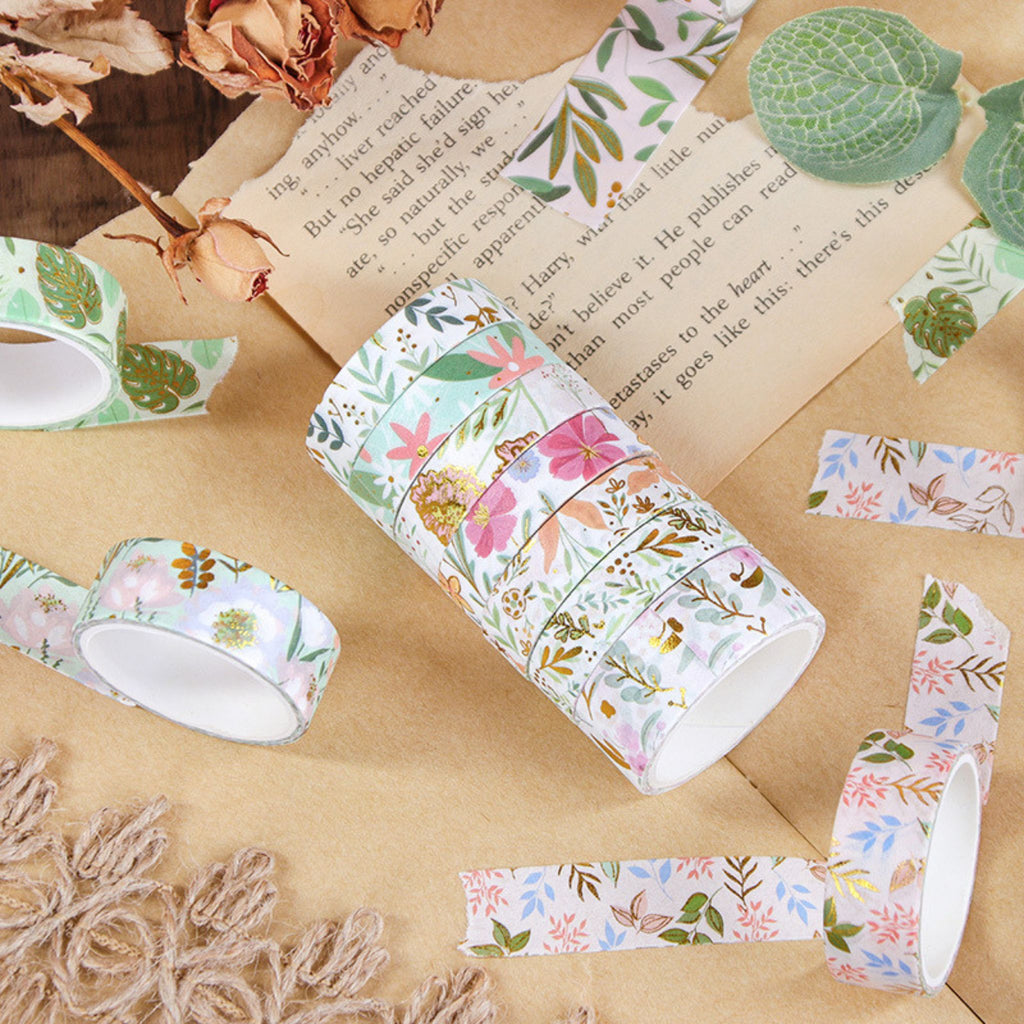 Floral Dream Gold Foil Washi Tape Set 12 Rolls, Gift Box with Loose Floral Rolls and Dried Flowers