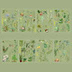 Eight sheets of Green Leaves Song gold foil PET stickers displayed on a soft green background, featuring a variety of botanical elements including ferns, tropical leaves, succulents, mushrooms, flowers, and small animals like flamingos and butterflies.