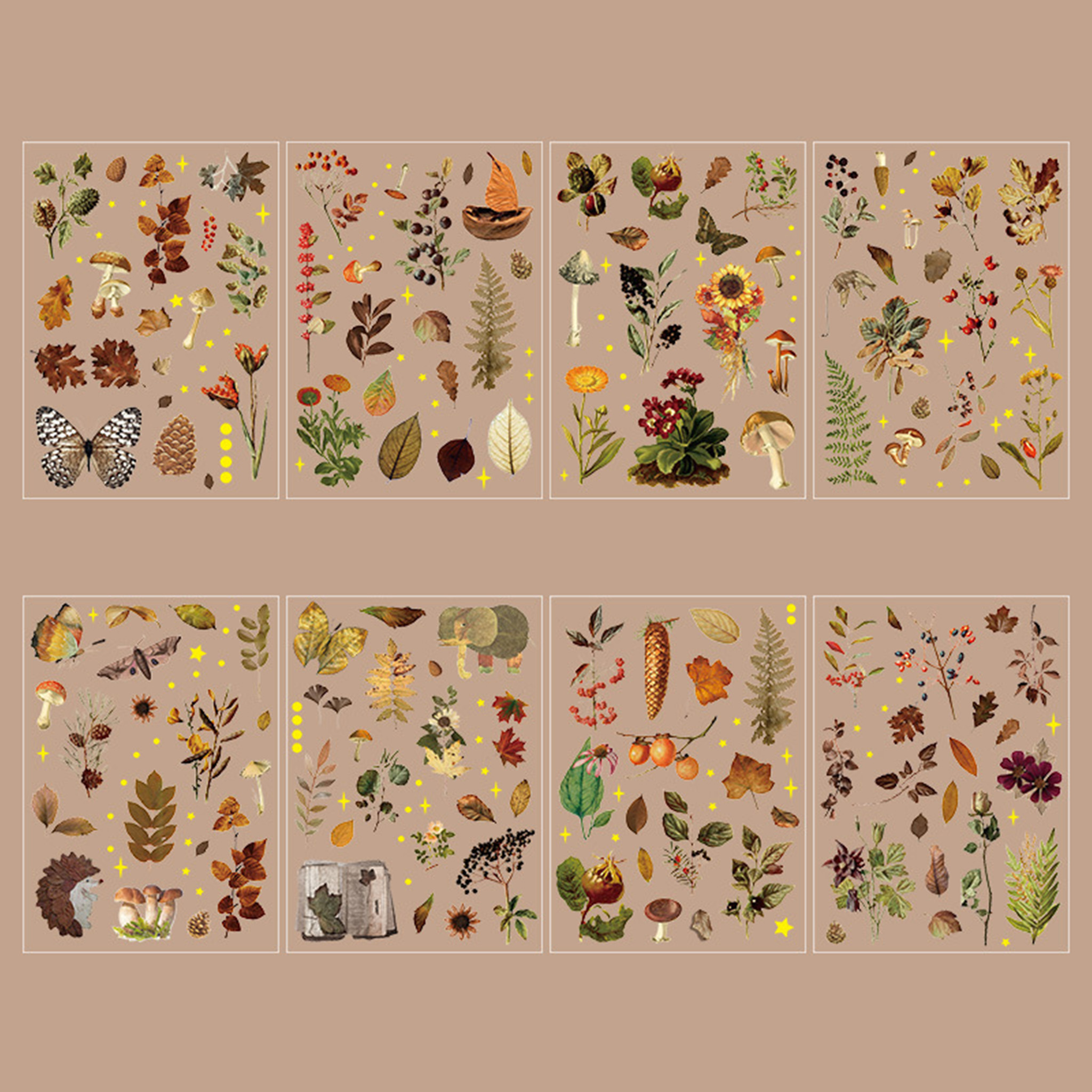 Eight sheets of Autumn Song gold foil PET stickers displayed on a warm beige background, featuring fall-themed botanical elements such as acorns, pinecones, dried leaves, mushrooms, berries, sunflowers, butterflies, and a small hedgehog.