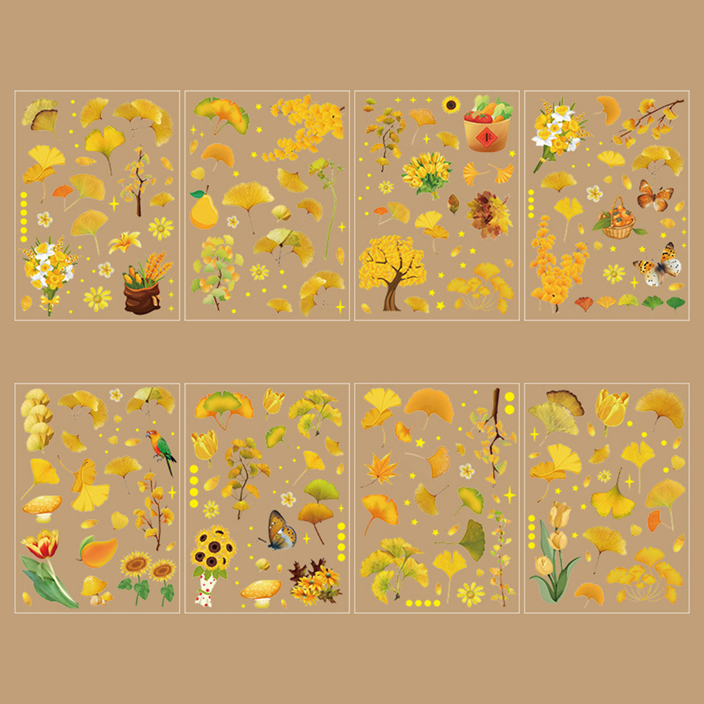 Eight sheets of Ginkgo Song gold foil PET stickers displayed on a warm brown background, featuring golden ginkgo leaves, sunflowers, birds, persimmons, butterflies, and tiny sparkling stars scattered across the designs.