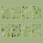 Eight sheets of Green Leaves Song gold foil PET stickers displayed on a soft green background, featuring a variety of botanical elements including ferns, tropical leaves, succulents, mushrooms, flowers, and small animals like flamingos and butterflies.