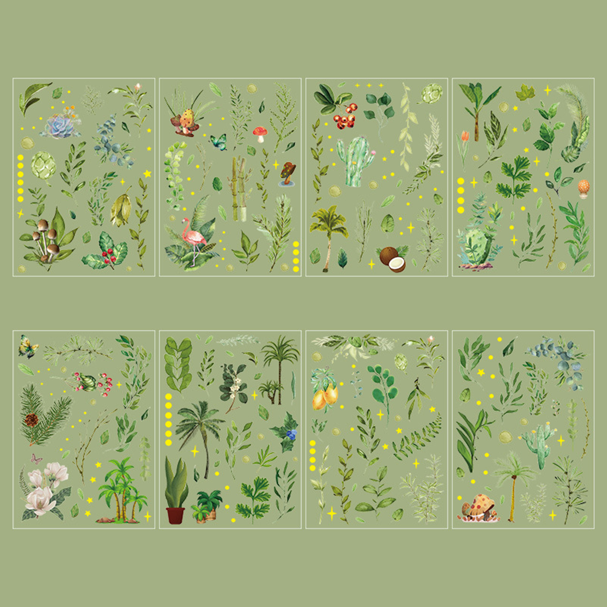 Eight sheets of Green Leaves Song gold foil PET stickers displayed on a soft green background, featuring a variety of botanical elements including ferns, tropical leaves, succulents, mushrooms, flowers, and small animals like flamingos and butterflies.