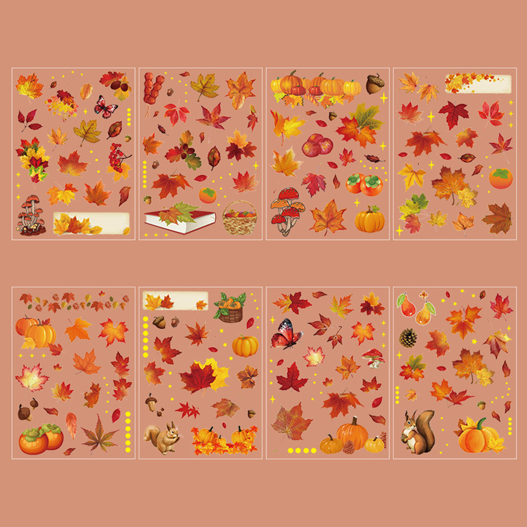 The Song of Dusk theme from the Forest Song gold foil PET sticker collection, displayed in its hang-hole OPP packaging with warm autumn tones, pinecones, and a rustic background.