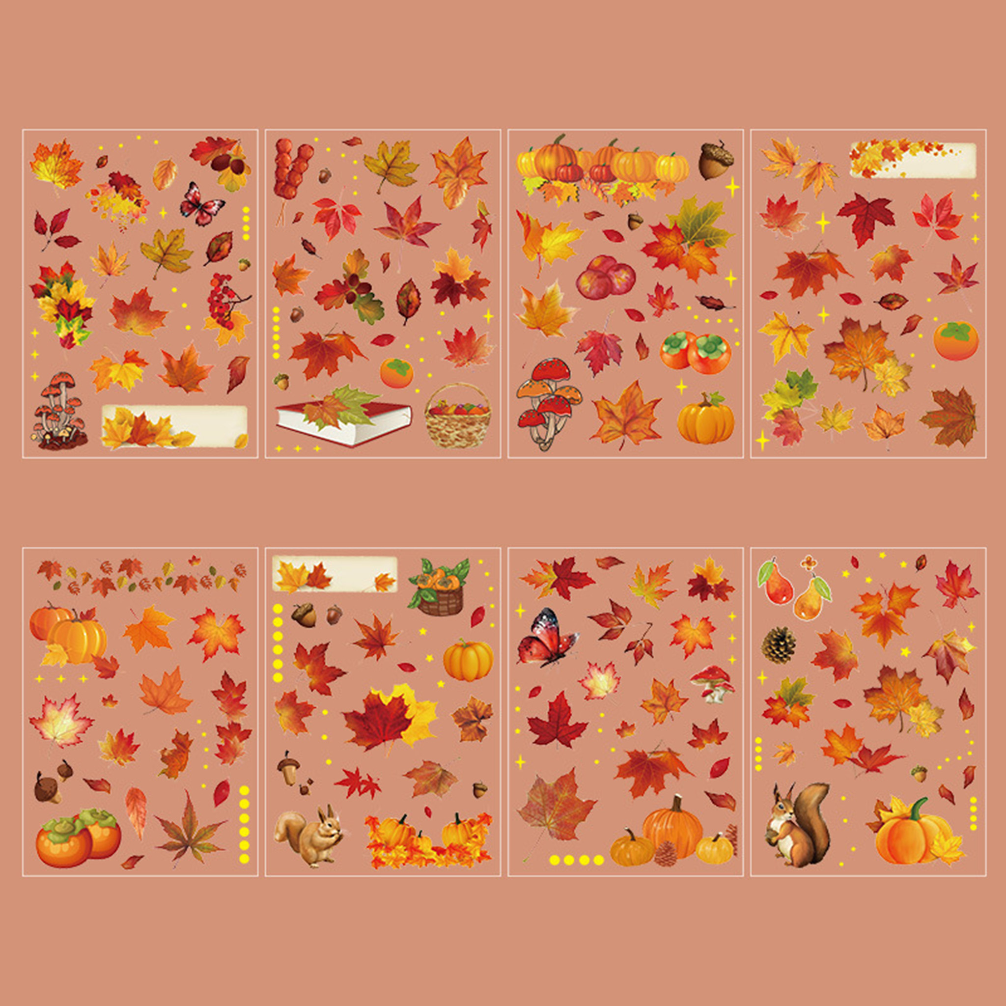 The Song of Dusk theme from the Forest Song gold foil PET sticker collection, displayed in its hang-hole OPP packaging with warm autumn tones, pinecones, and a rustic background.