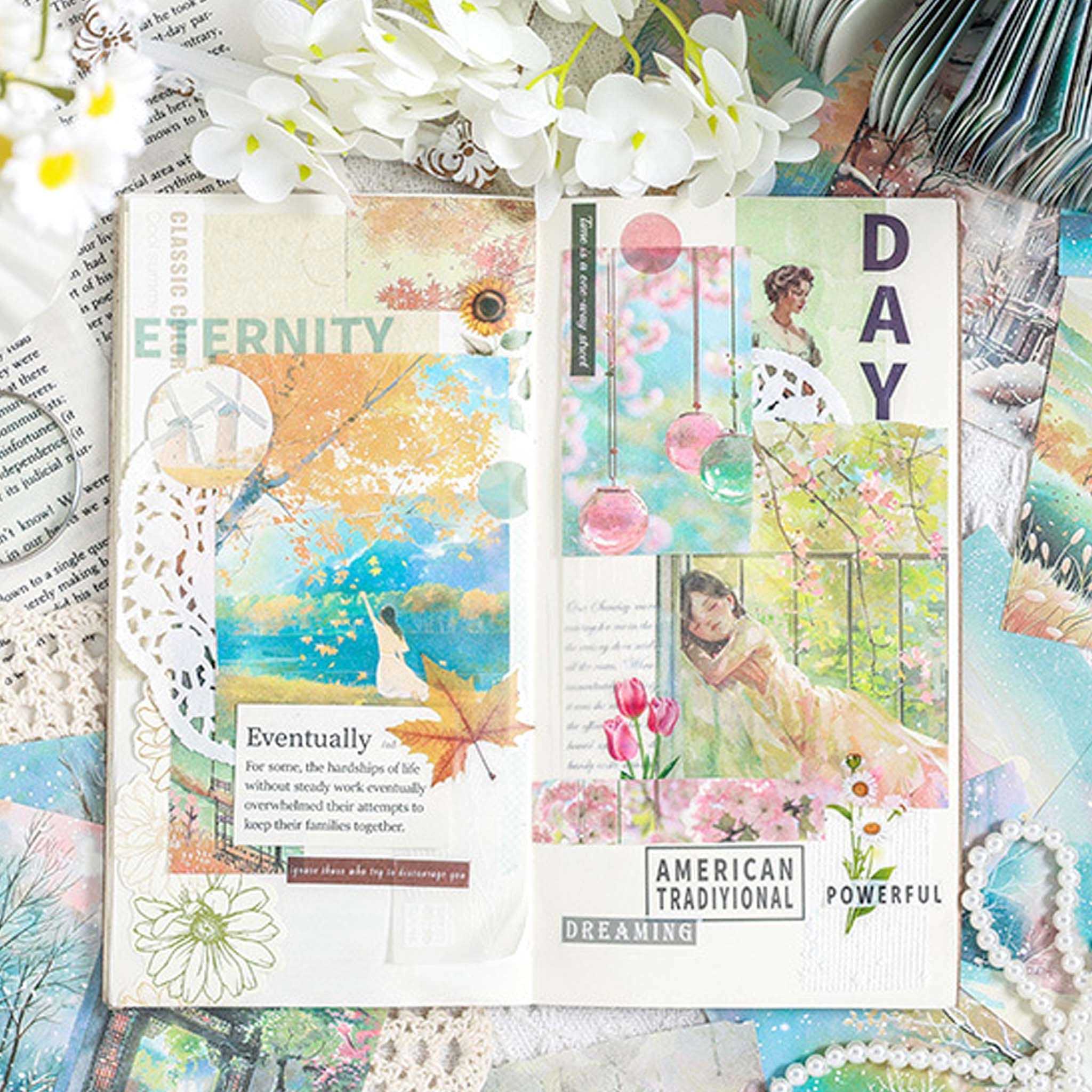 Vintage-style scrapbook paper collage featuring floral, scenic, and feminine decorative elements.