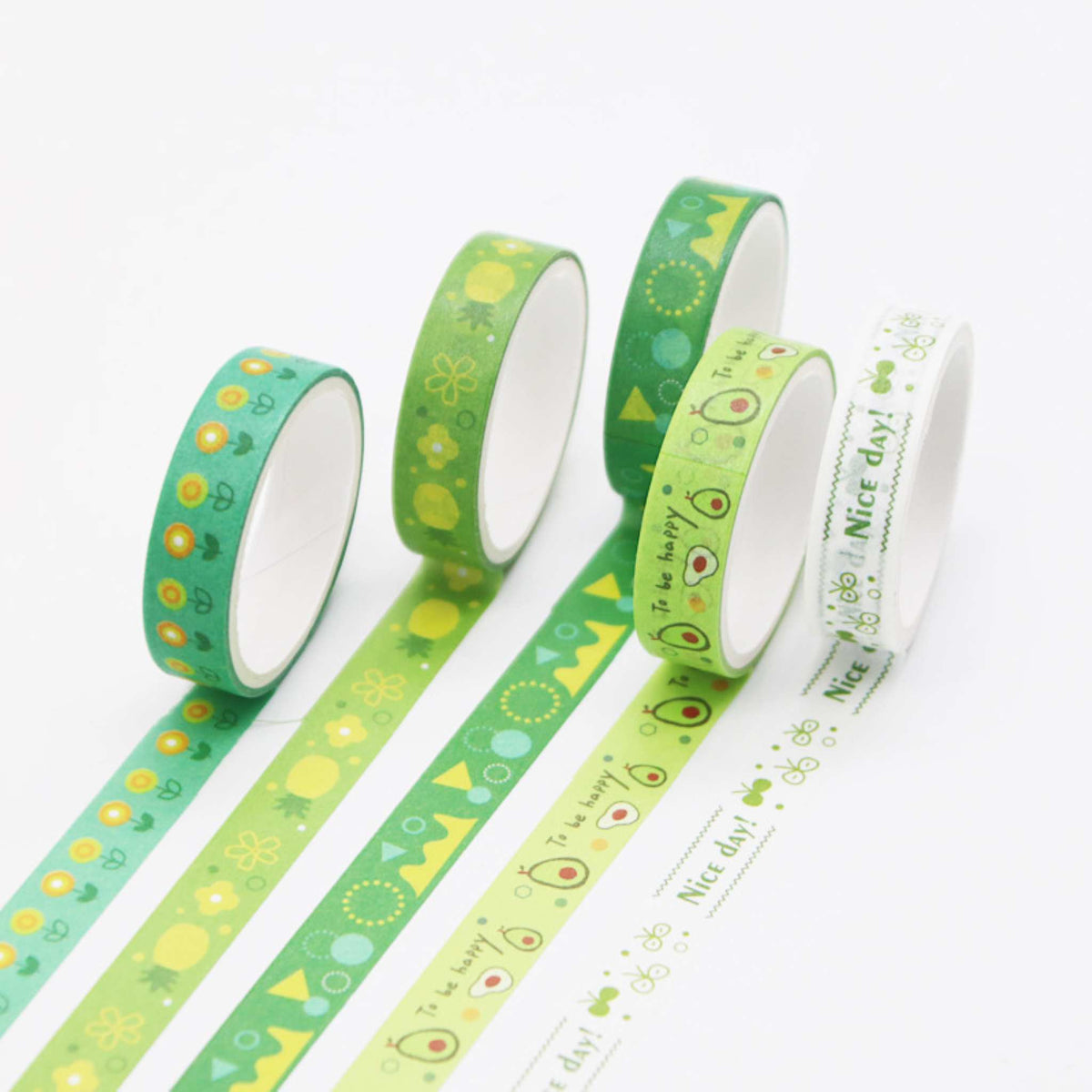 Cute Illustrated Washi Tape Set, Garden Green 5 Rolls Display