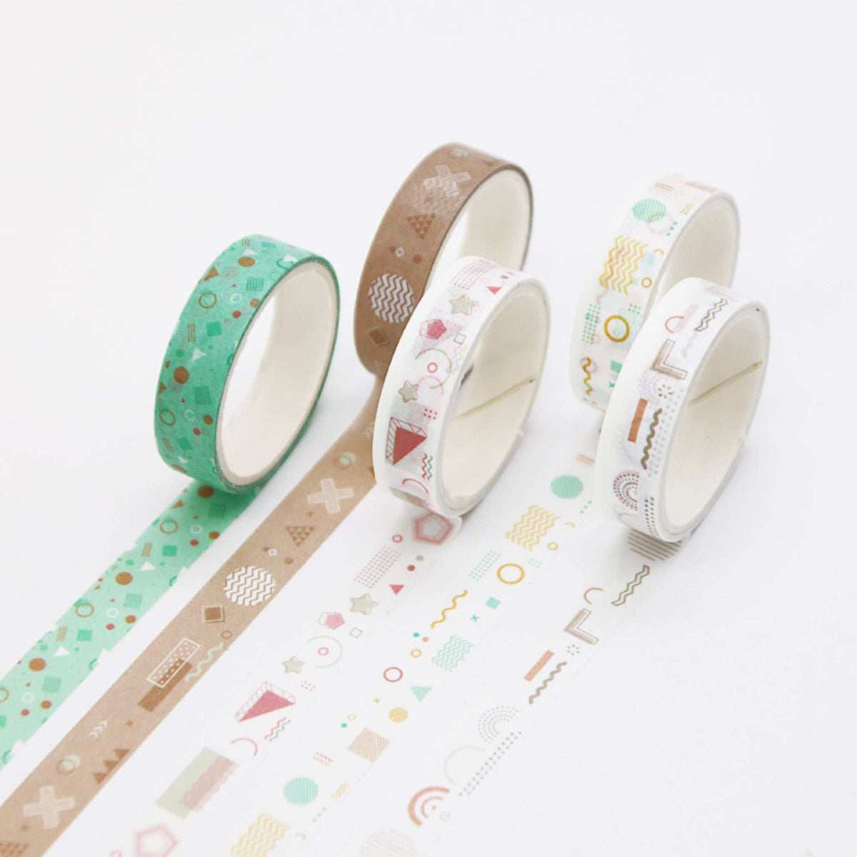 Cute Illustrated Washi Tape Set, Geometric Mix 5 Rolls Display