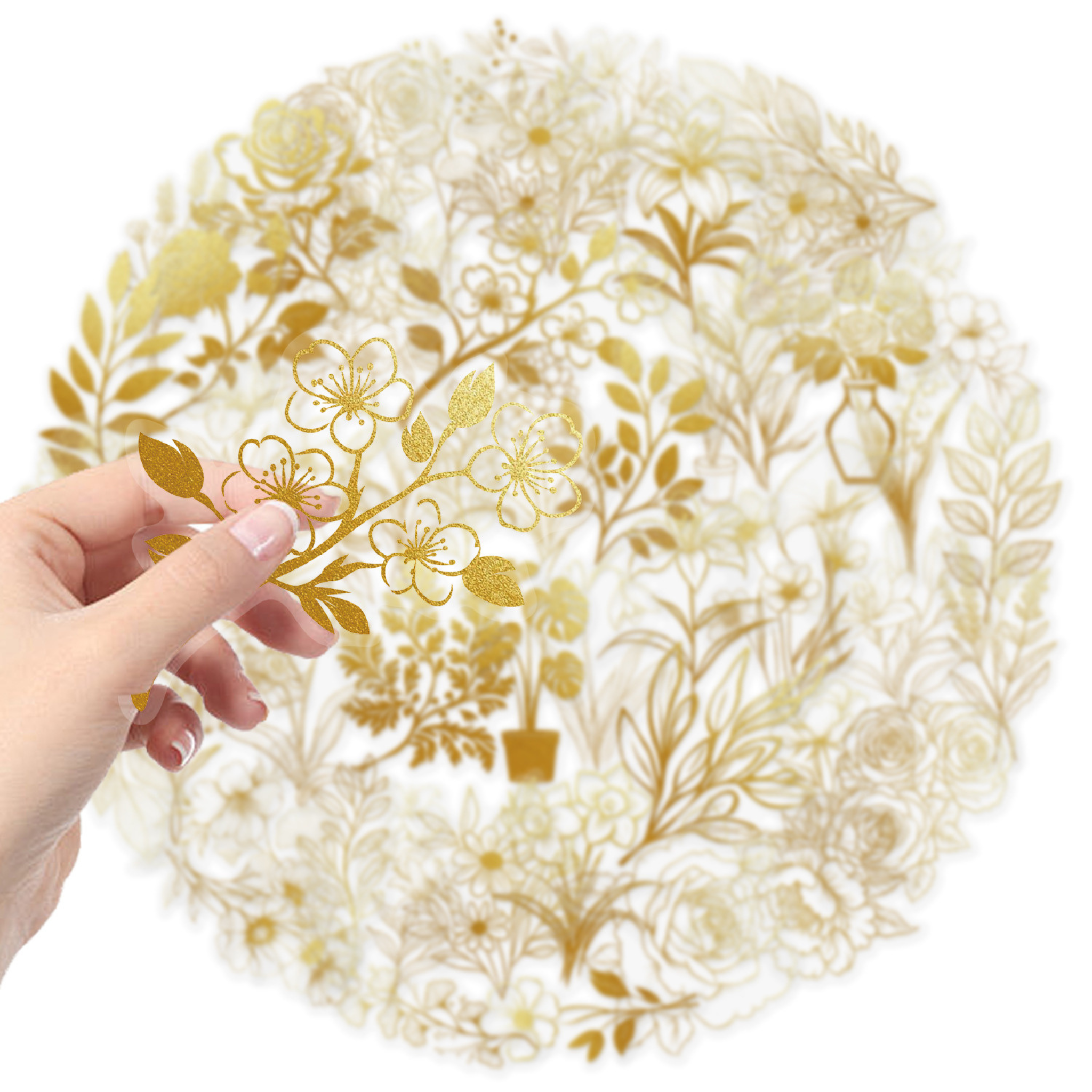 A hand holding a gold foil cherry blossom PET sticker with transparent borders, showing the delicate gold floral design and clear backing.