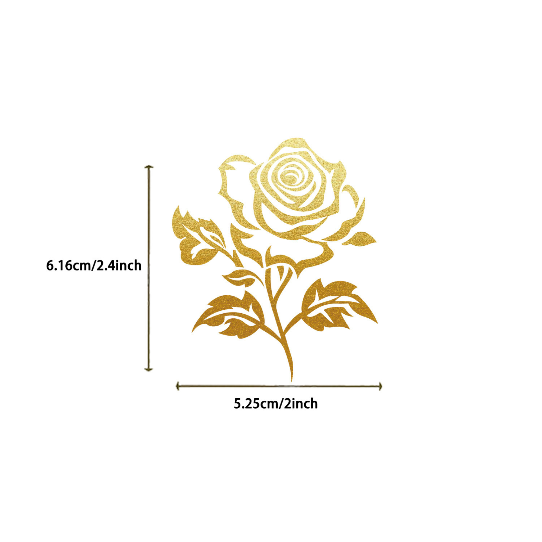 Size guide of a gold foil rose PET sticker showing dimensions of 6.16cm in height and 5.25cm in width.