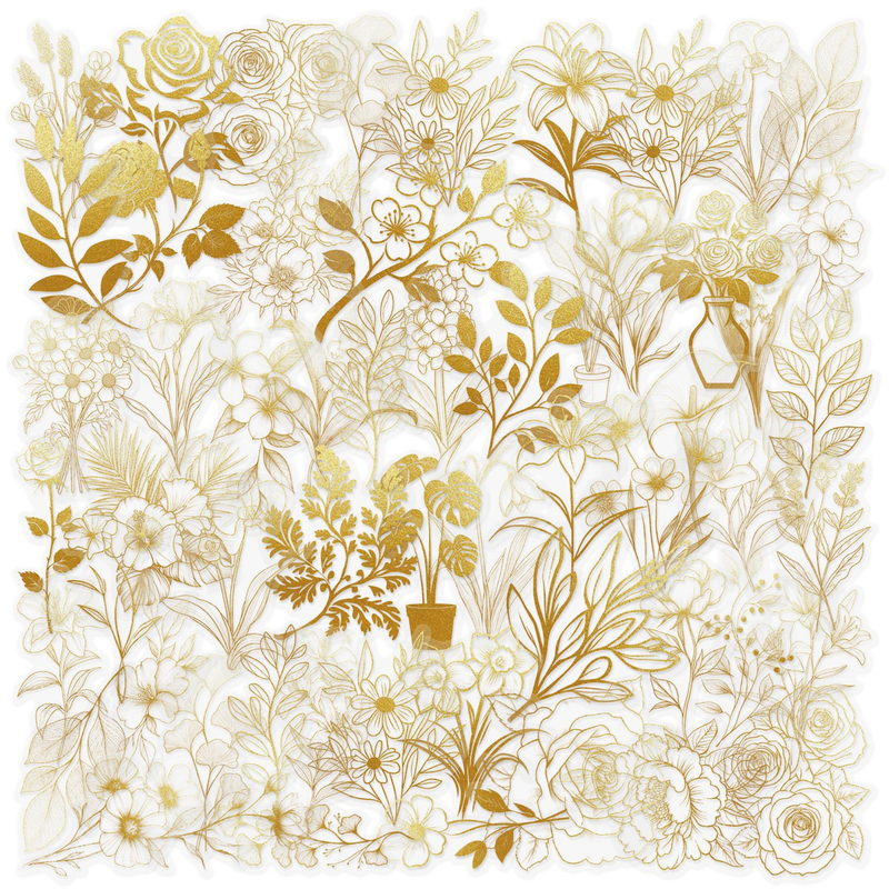 A full sheet of gold foil floral PET stickers featuring various botanical and flower designs, including roses, cherry blossoms, and potted plants on a white background.