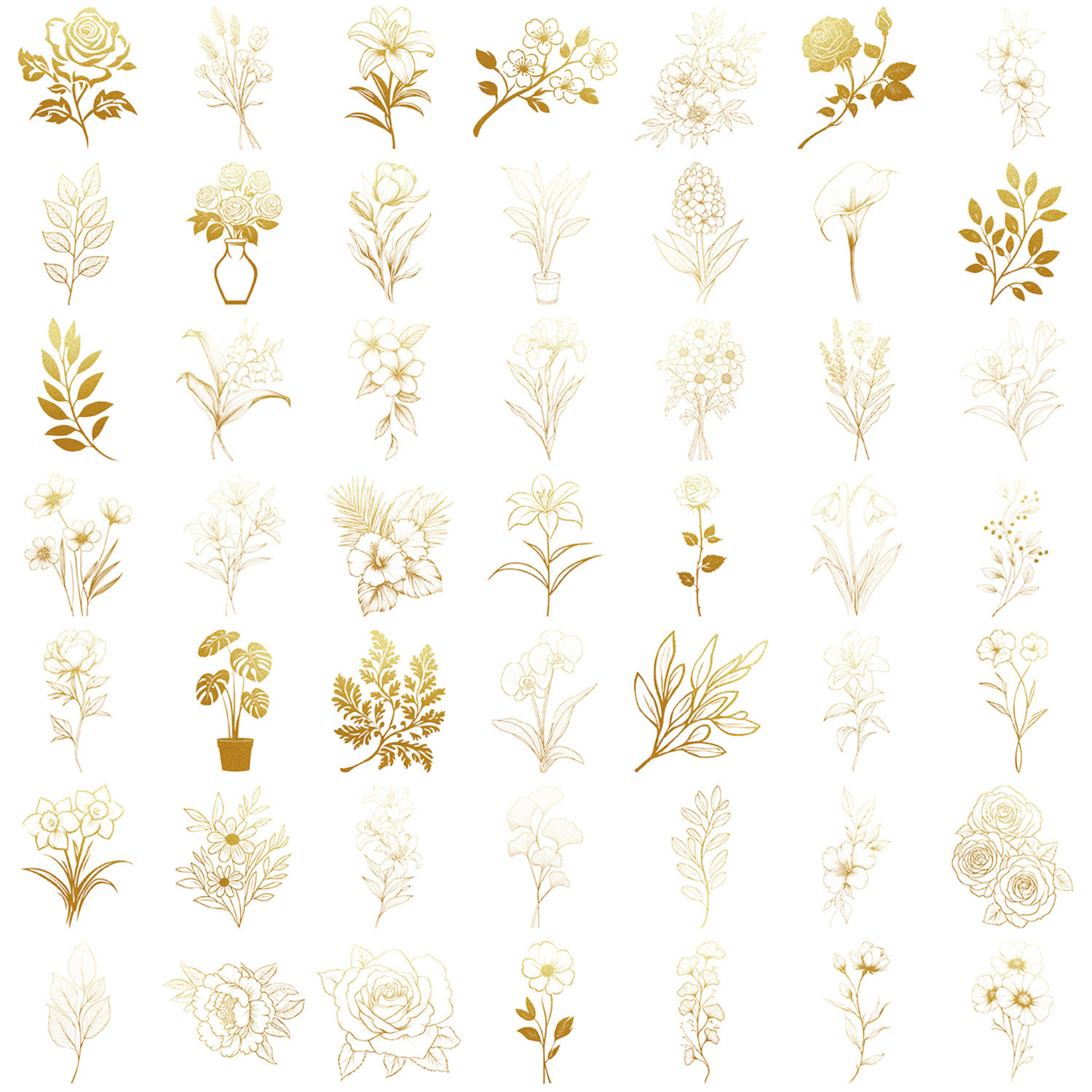A layout of multiple gold foil floral PET sticker designs arranged in a grid, featuring over 40 different botanical and flower motifs.