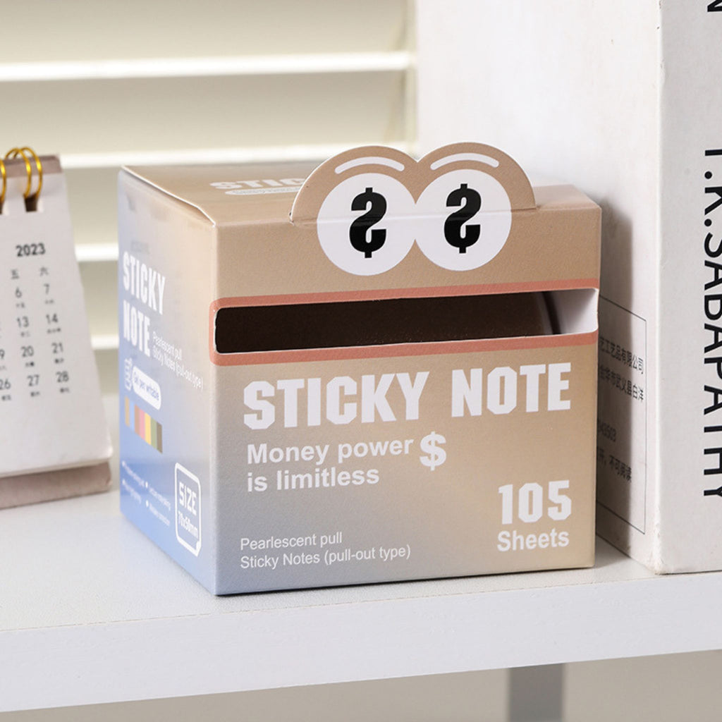 Pearlescent PET pull-out sticky notes box with 105 sheets