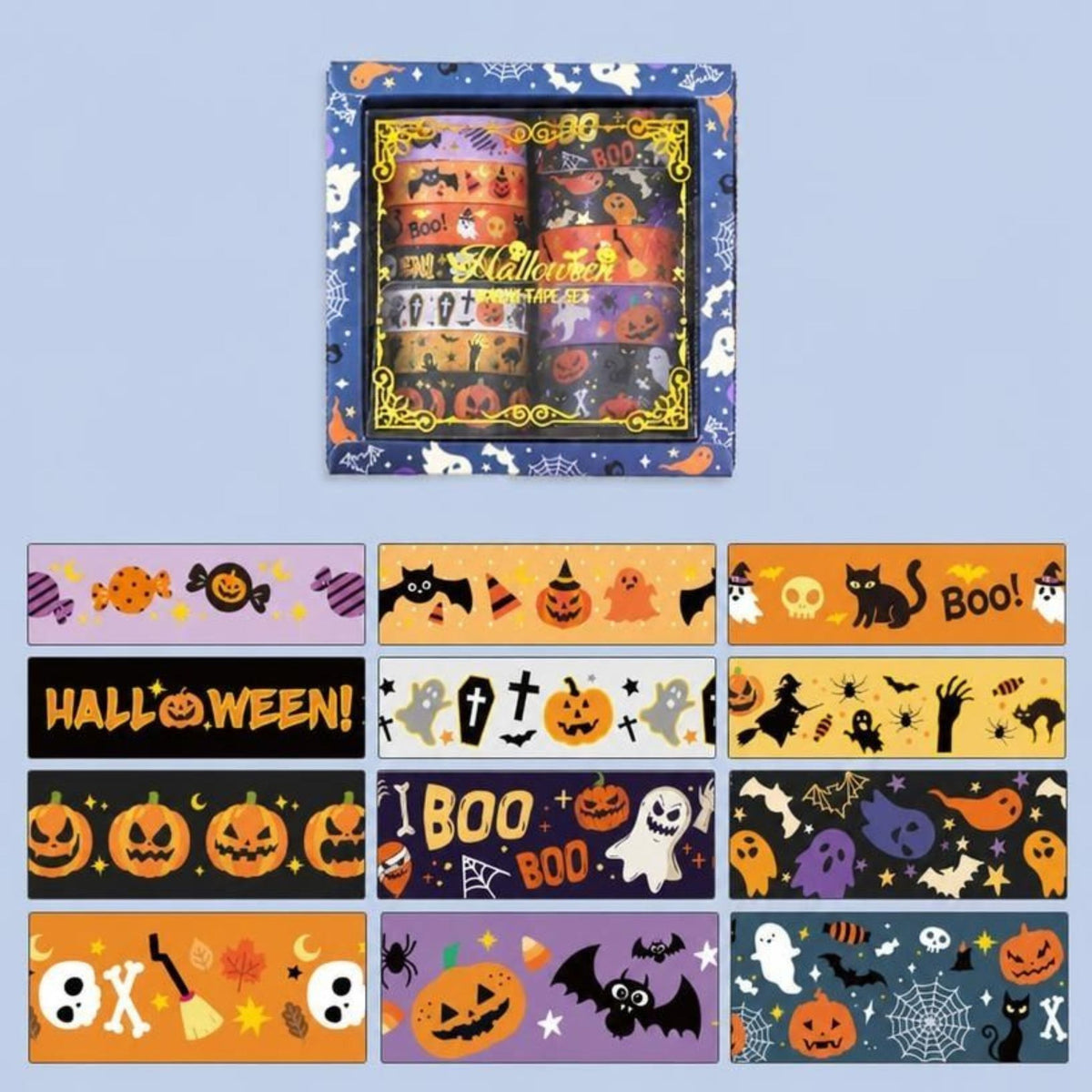 Halloween Gold Foil Washi Tape Set 12 Rolls, Blue Gift Box with 12 Assorted Rolls Display