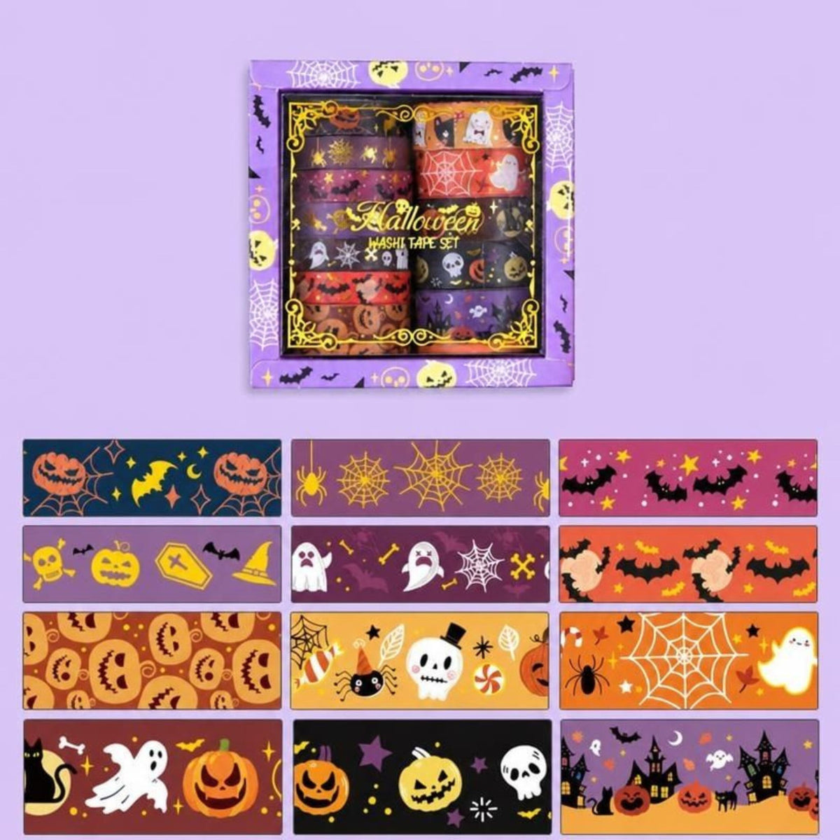 Halloween Gold Foil Washi Tape Set 12 Rolls, Purple Gift Box with 12 Assorted Rolls Display