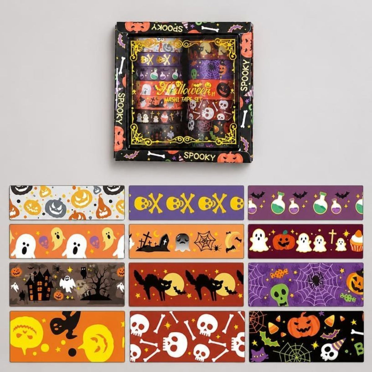 Halloween Gold Foil Washi Tape Set 12 Rolls, Black Gift Box with 12 Assorted Rolls Display