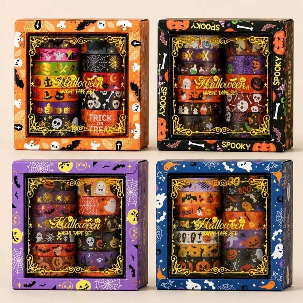 Halloween Gold Foil Washi Tape Set 12 Rolls, 4 Assorted Color Boxes with Pumpkin and Ghost Designs