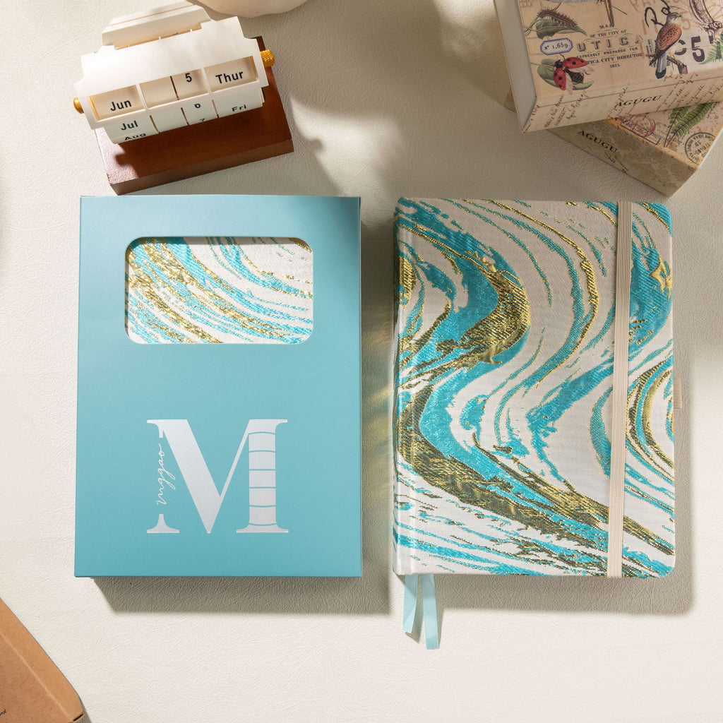 A5 light blue and gold marble fabric notebook with signature light blue gift box and wooden calendar block