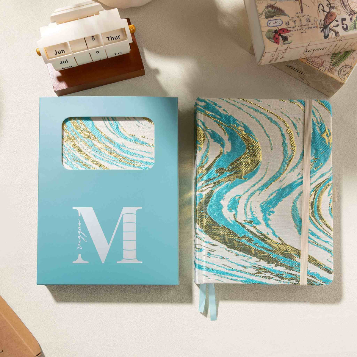 A5 light blue and gold marble fabric notebook with signature light blue gift box and wooden calendar block