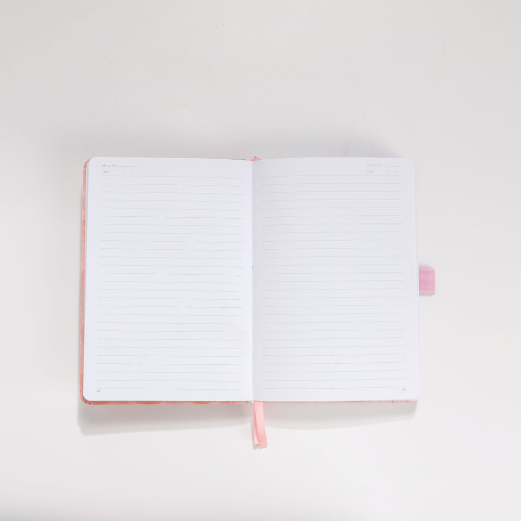 Interior pages of pink scalloped notebook – dot grid 160gsm and lined 100gsm options