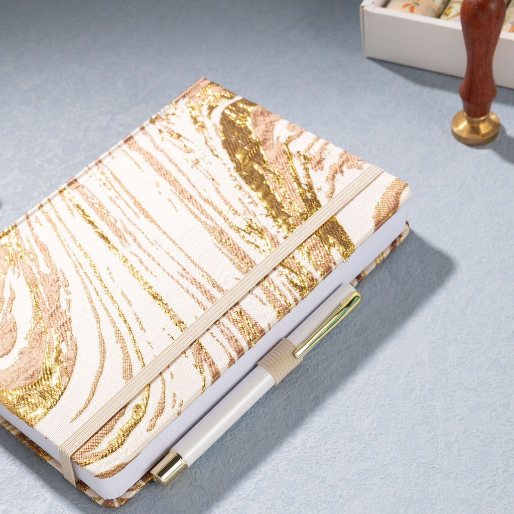 A5 gold marble fabric journal with elastic band ribbon bookmark and pen loop