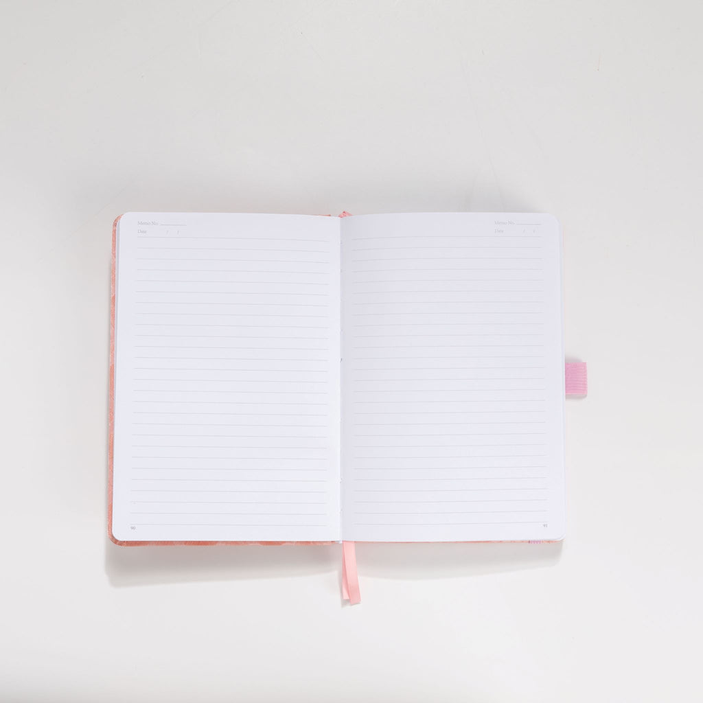 Interior pages of pink scalloped notebook – dot grid 160gsm and lined 100gsm options