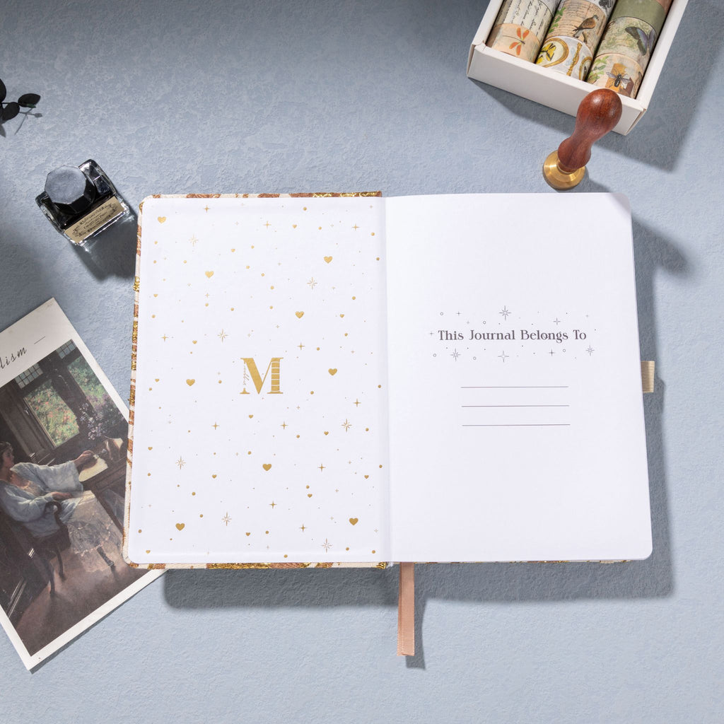 A5 gold marble fabric journal with elastic band ribbon bookmark and pen loop
