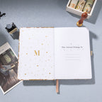 A5 gold marble fabric journal with elastic band ribbon bookmark and pen loop
