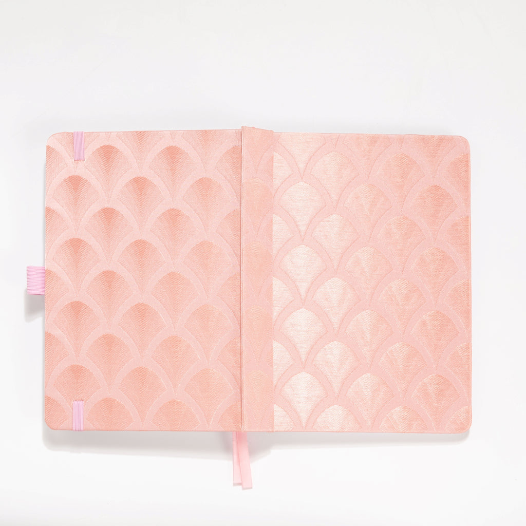 A5 pink scalloped fabric hardcover notebook – back view on white background