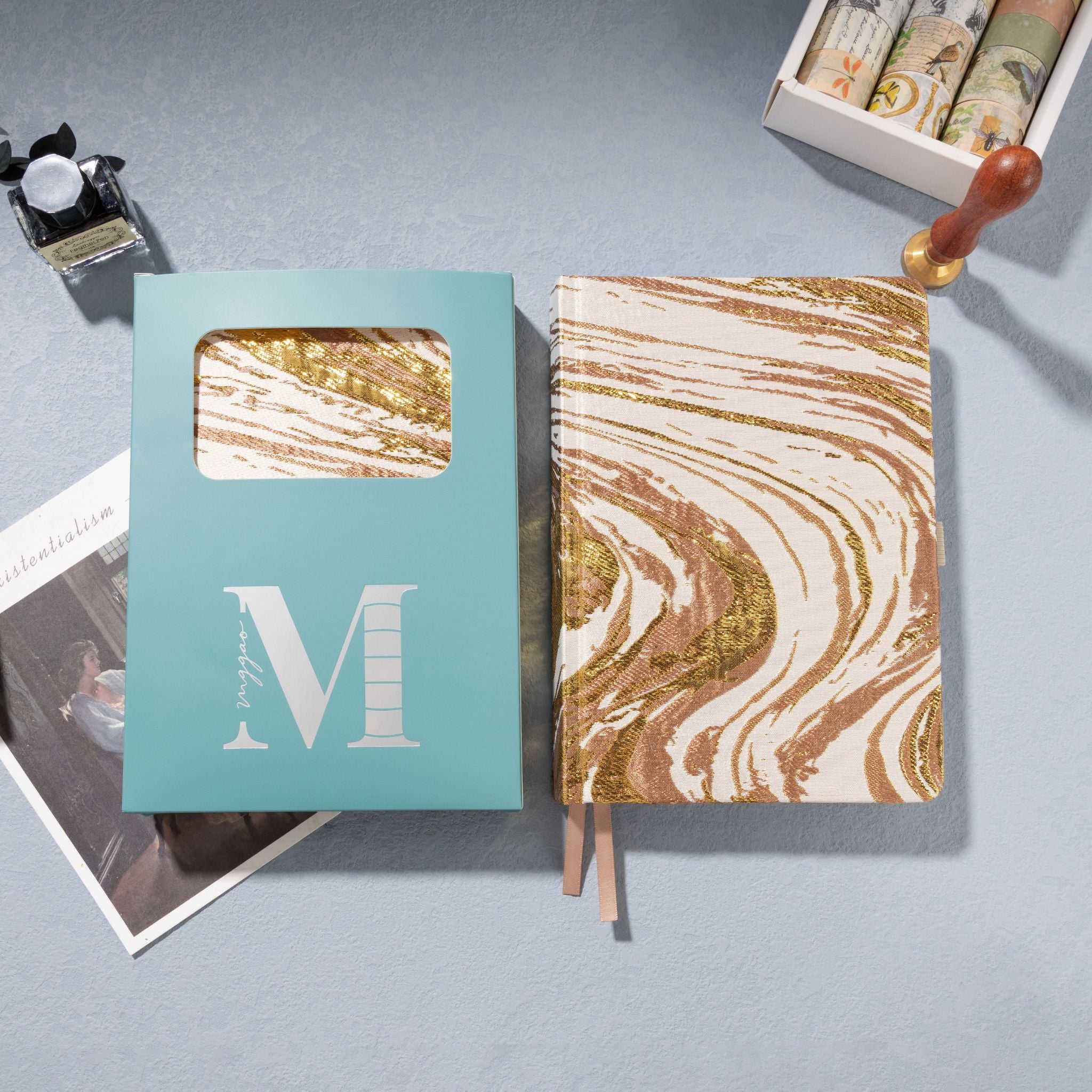 Gold marble notebook in blue window gift box – ready to gift