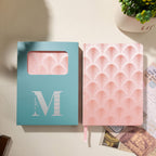 Pink scalloped A5 notebook in light blue window gift box – ready to gift