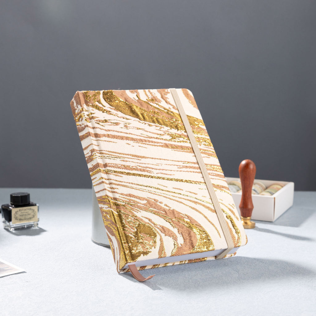 A5 gold marble fabric journal with elastic band ribbon bookmark and pen loop