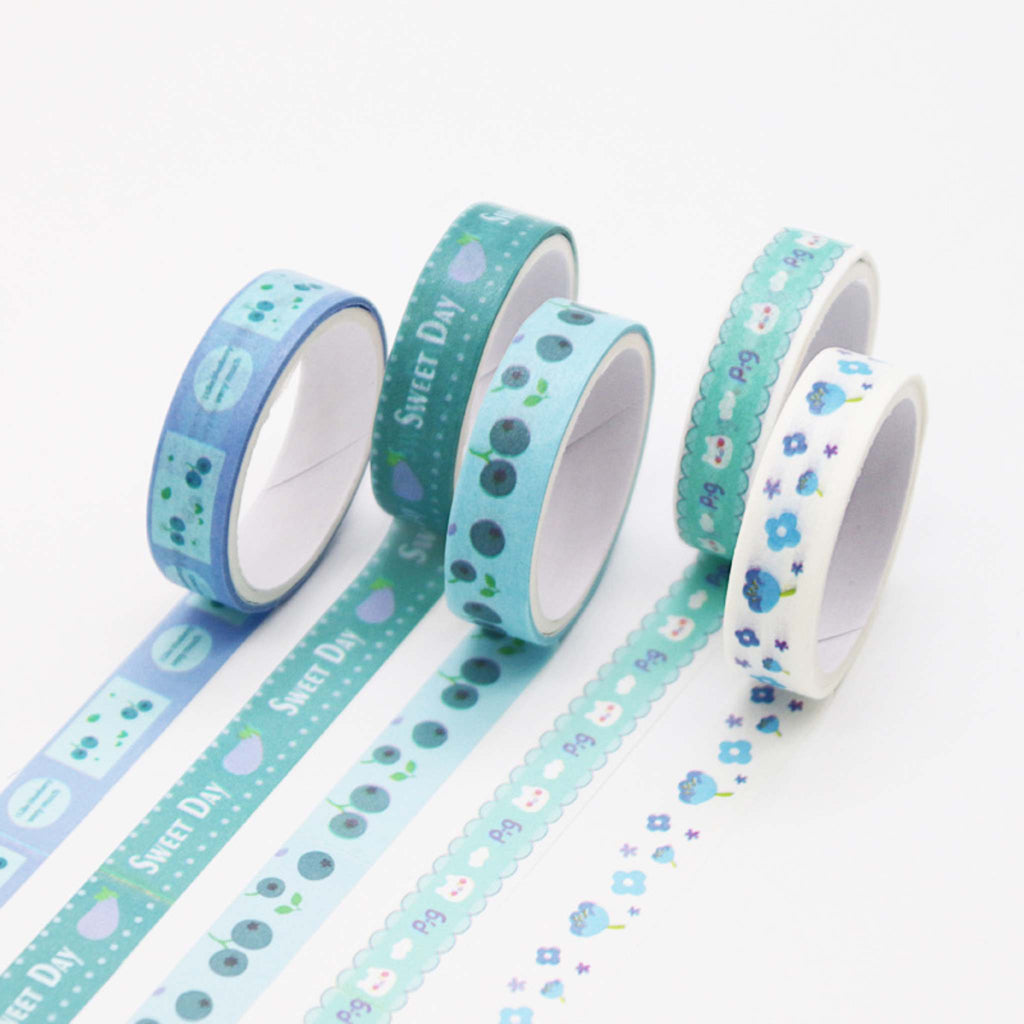 Cute Illustrated Washi Tape Set, Ocean Blue 5 Rolls Display