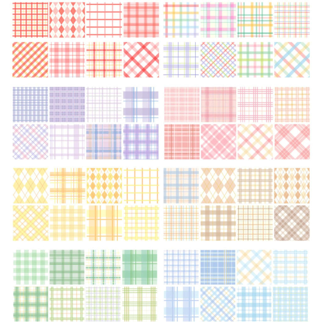 Pastel Plaid Washi Tape Set, Assorted Plaid Gingham Grid and Diamond Pattern Swatches