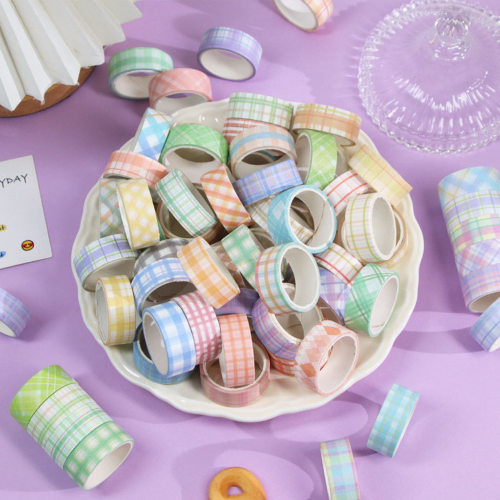 Pastel Plaid Washi Tape Set, Rolls Fanned Out Showing Mixed Widths and Plaid Patterns